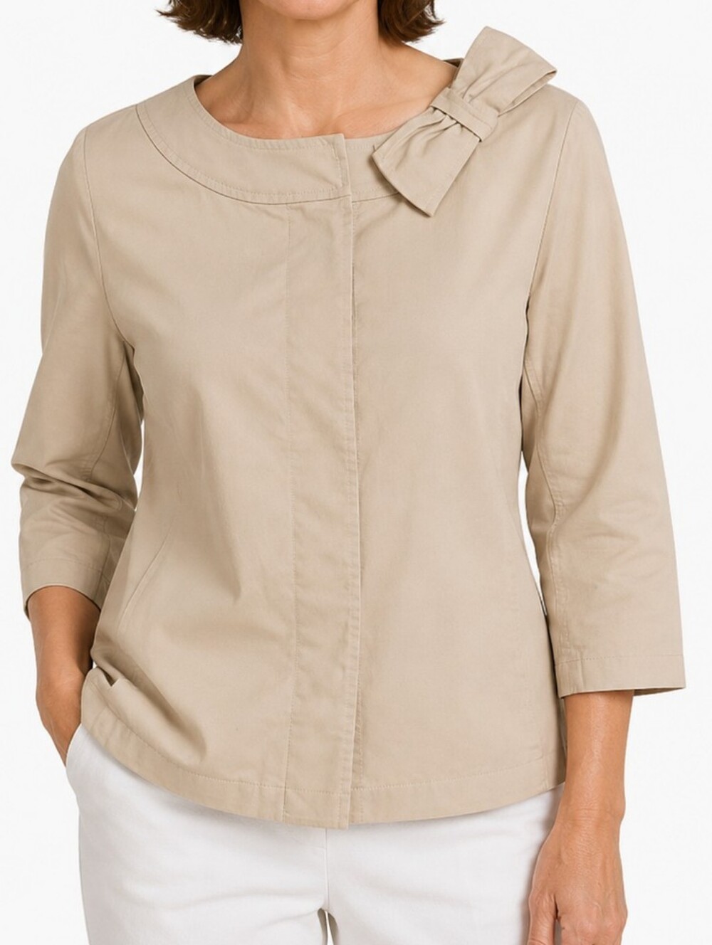 Talbots Petite Beige Bow Accent Jacket Womens sz 12P Cotton Blend 3/4 Sleeve